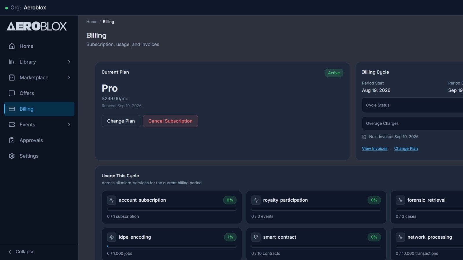 Organization billing page showing the current Pro plan, billing cycle dates, and metered usage per service